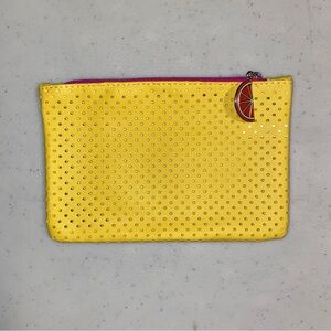 Ipsy Cosmetics Bag Yellow Perforated with Orange Slice Zipper Pull